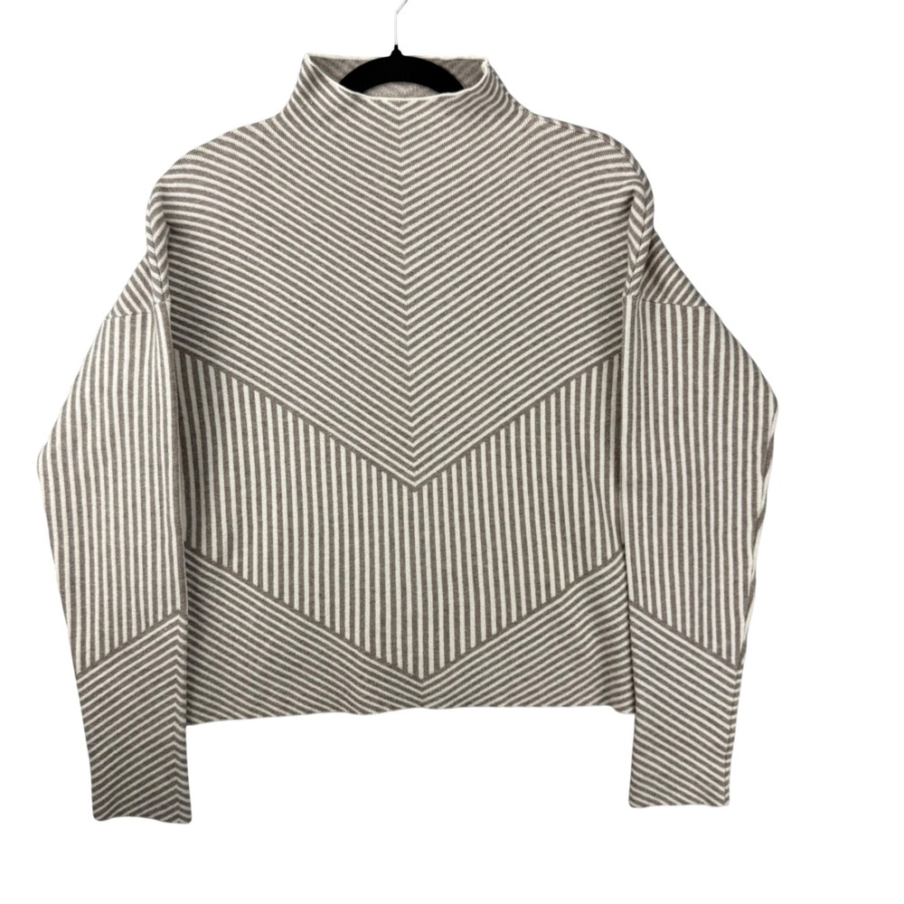Cynthia Rowley Tan White Geometric Stripe Mock Neck Sweater Womens Large L